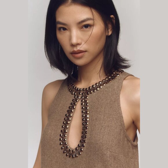 NEW Anthropologie Sizes M, L, XL Beaded Keyhole Sleeveless Mini Dress - Brown - Picture 3 of 4